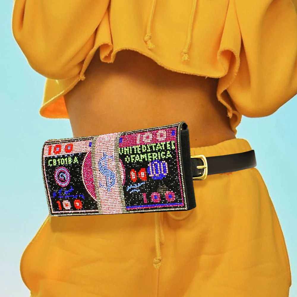 10K USD Money Rhinestone Fanny Pack / Belt / Clutch Bag - Image 2