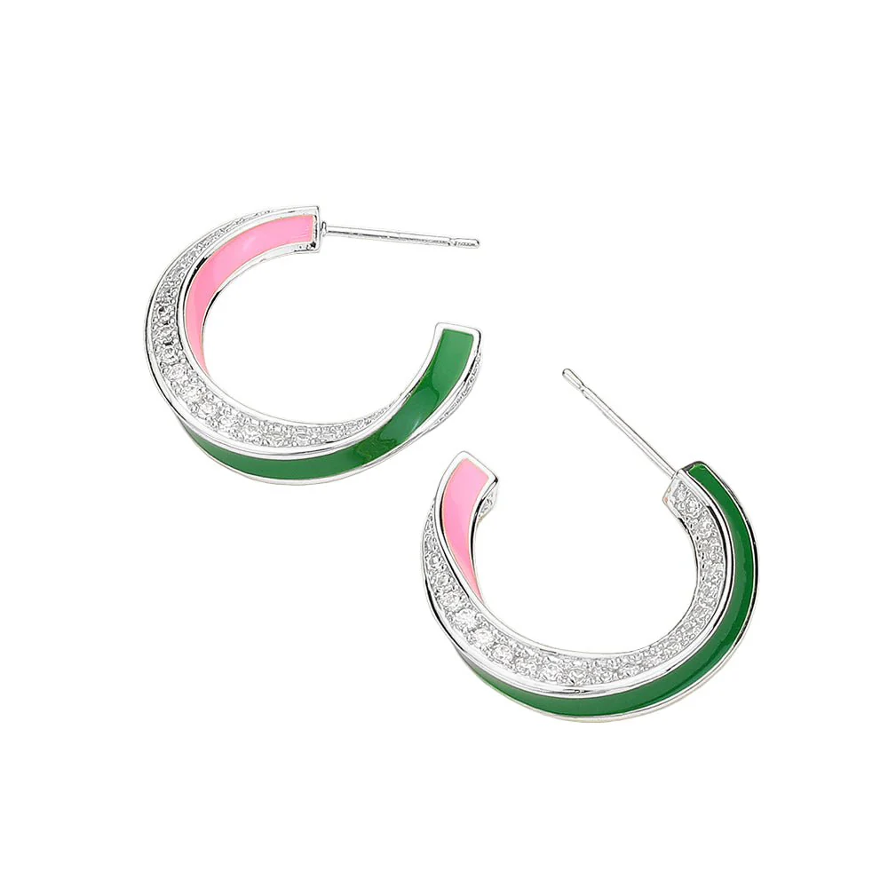 14K Gold Dipped Enamel Curved CZ Stone Paved Hoop Earrings