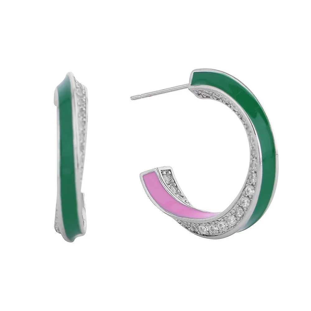 14K Gold Dipped Enamel Curved CZ Stone Paved Hoop Earrings - Image 2