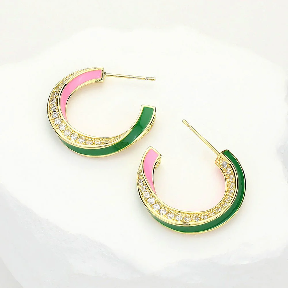 14K Gold Dipped Enamel Curved CZ Stone Paved Hoop Earrings - Image 3