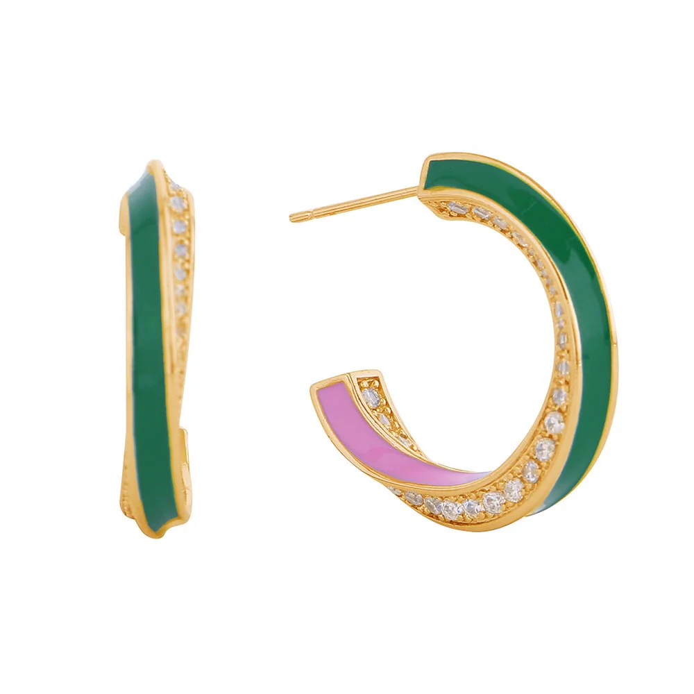 14K Gold Dipped Enamel Curved CZ Stone Paved Hoop Earrings - Image 4