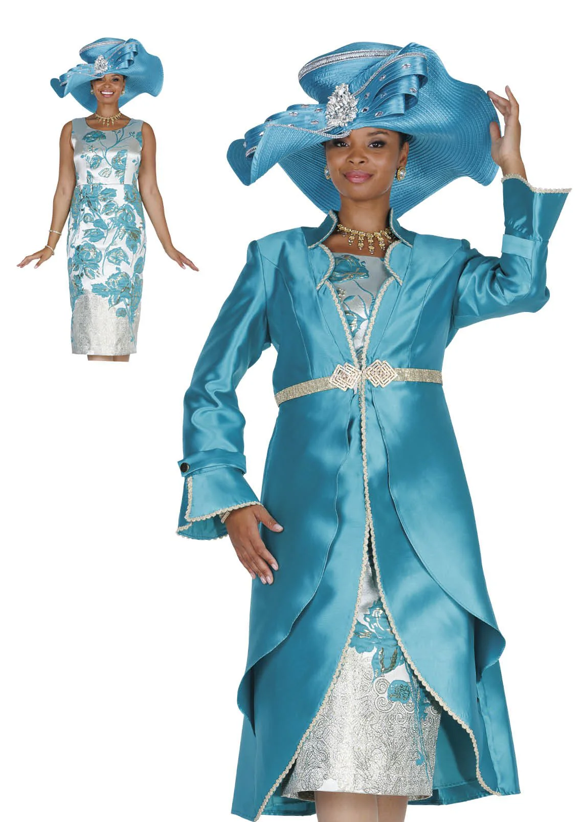 2-Piece Teal Satin Duster & Metallic Floral Jacquard Dress Set - 6255