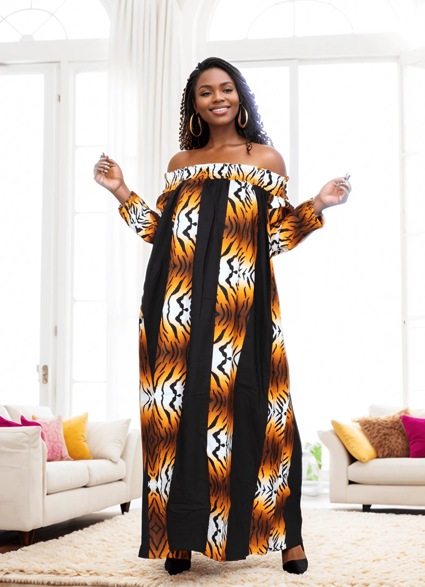 7604 - Latisha Mix Match African Print Off Shoulder Long Dress
