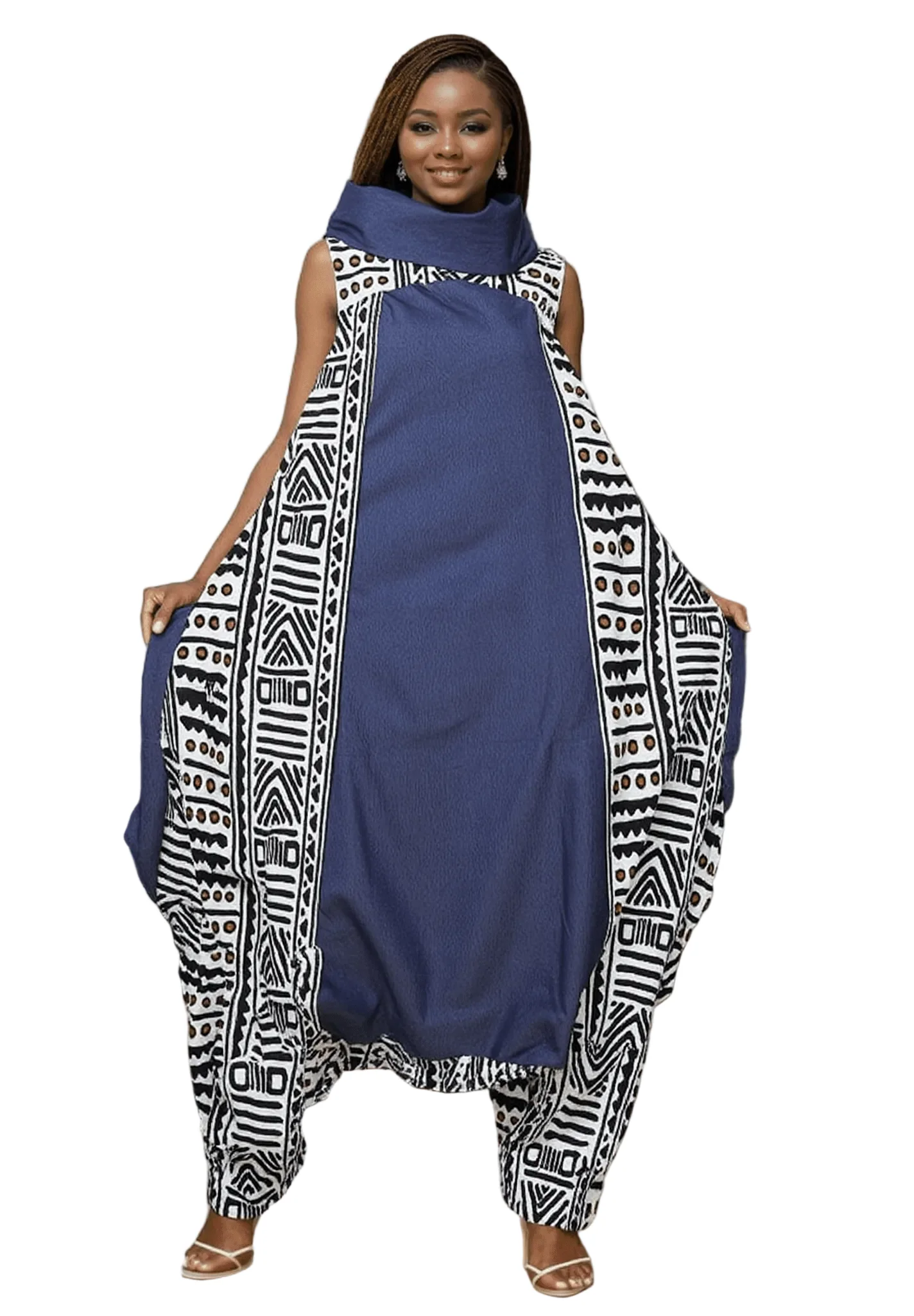 7702 -Mixed Denim and Print Cow Neck Jumpsuit/Dress
