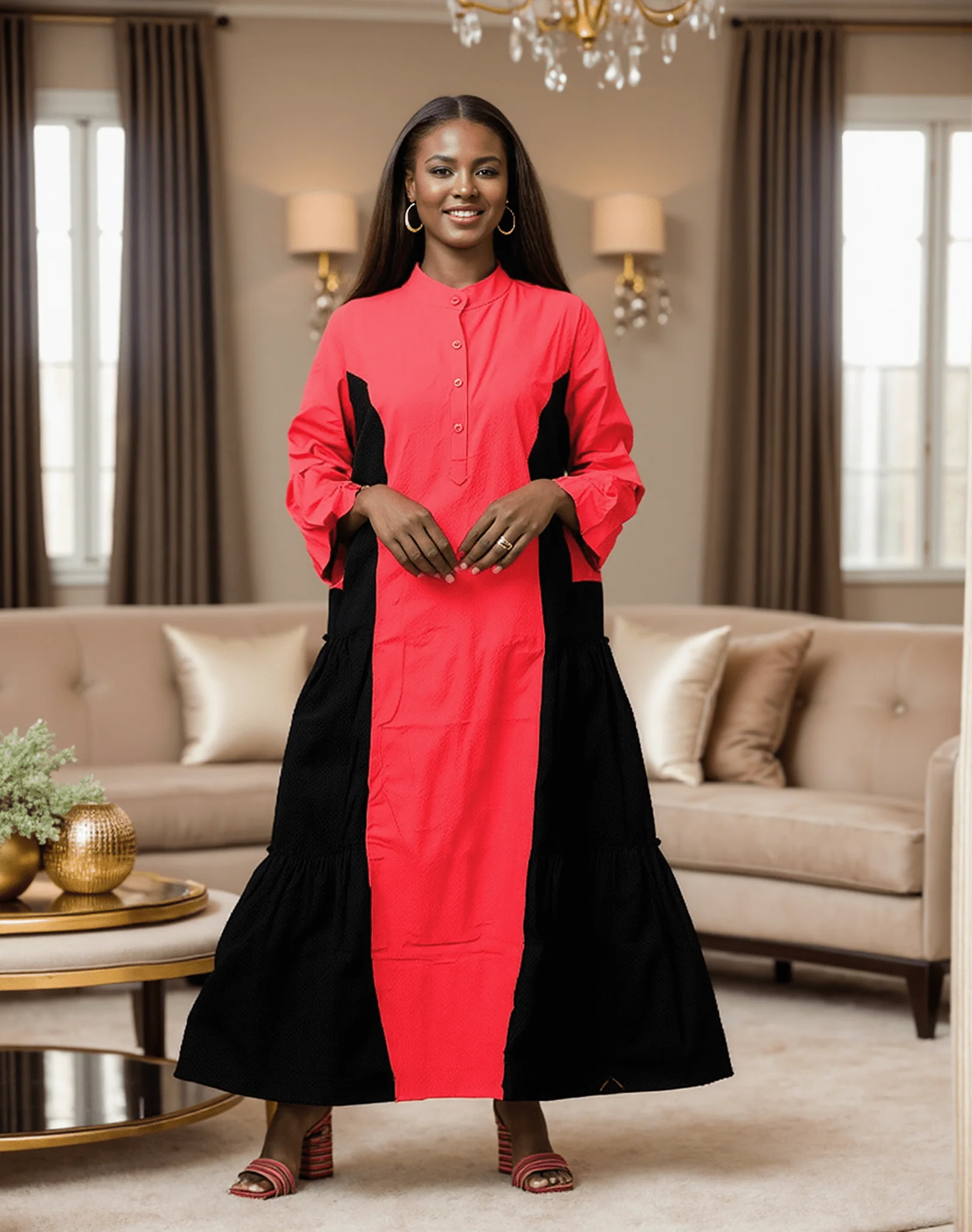7907- Gorgeous Two Toned Ankle Length Button Down Pocketed Dress - Image 2