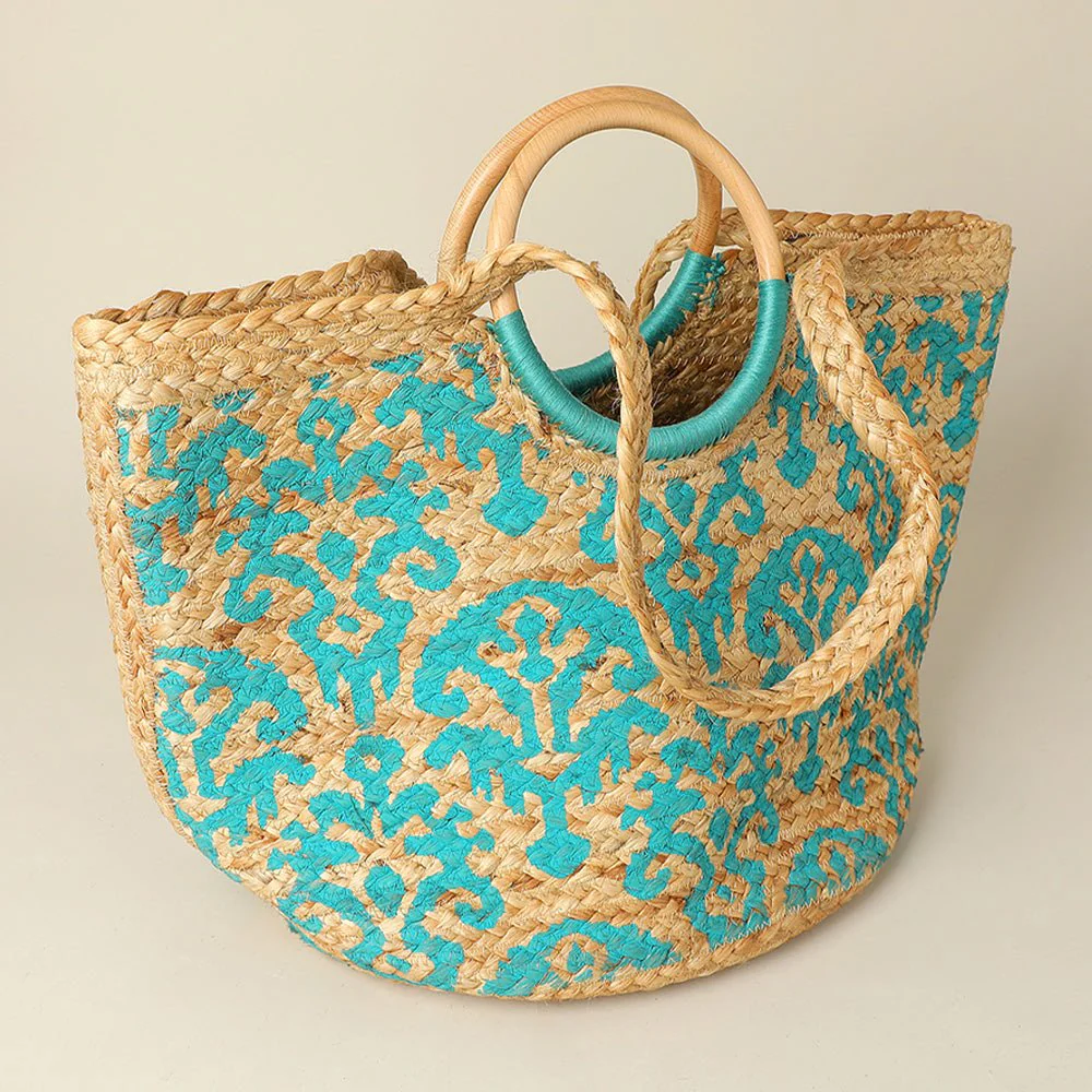 Abstract Pattern Wooden Top Handle Woven Tote Bag - Image 2