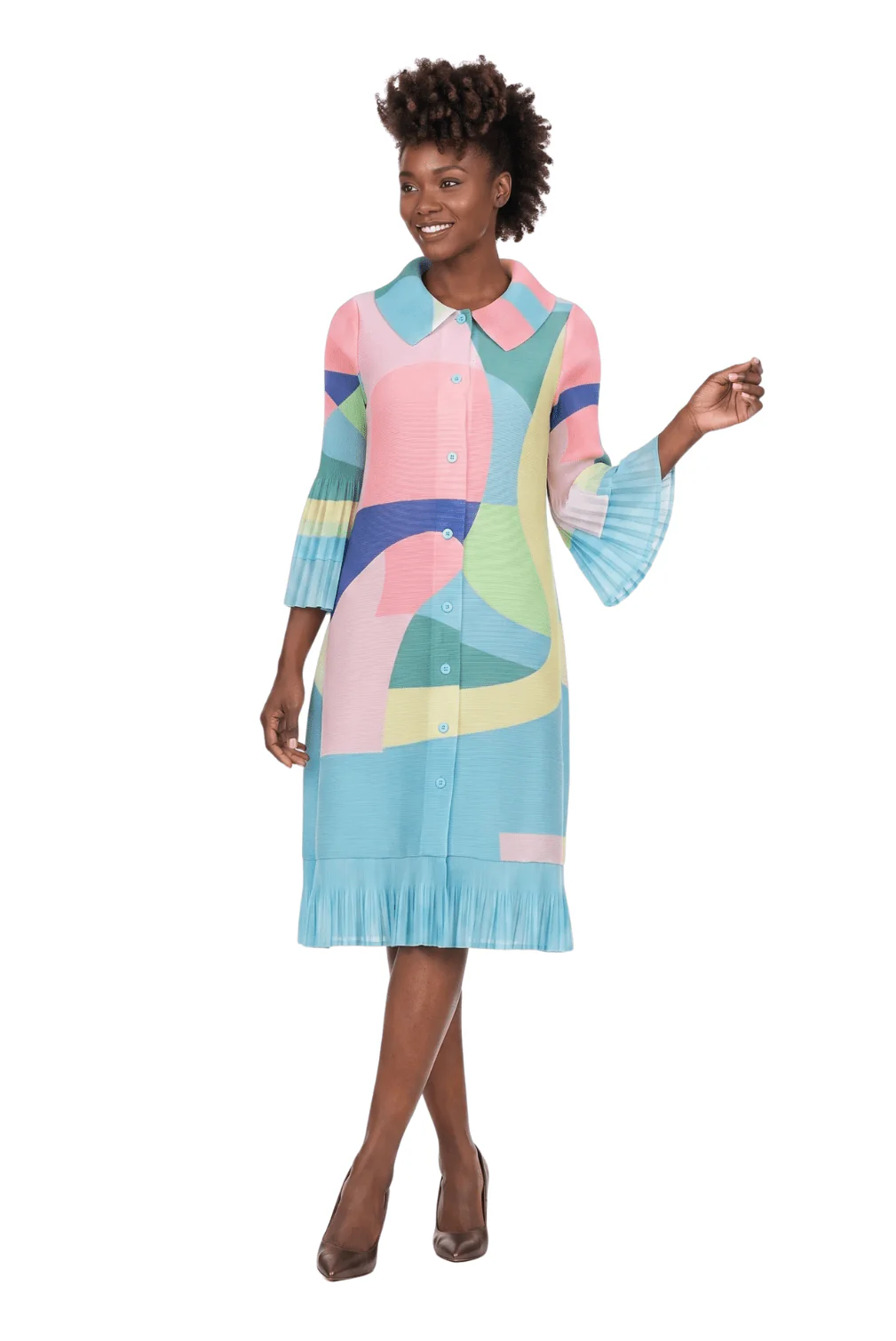 Abstract Print Button Down Midi Dress in Pleats