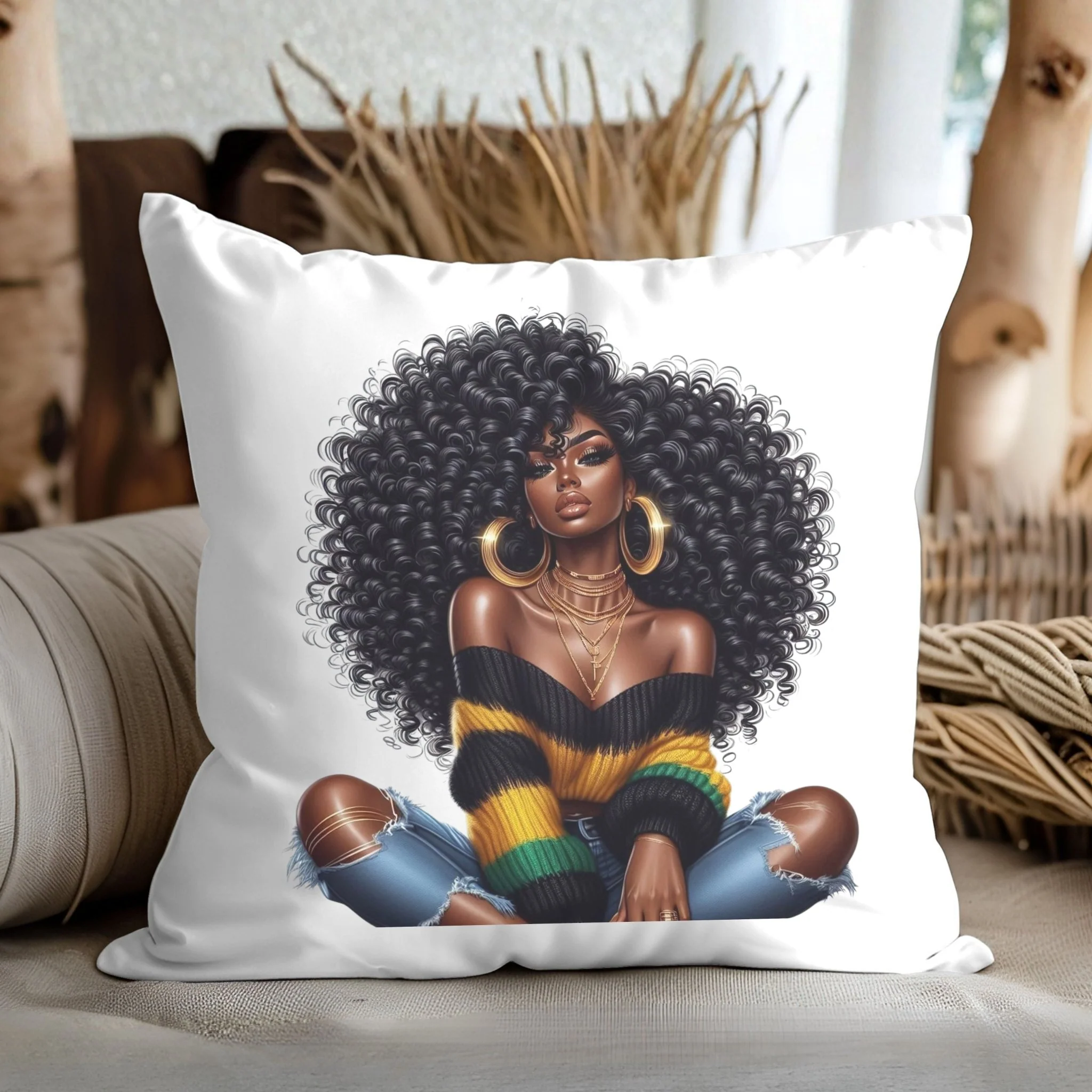 Afro Chic Decorative Pillow — Black Woman with Big Curls Graphic