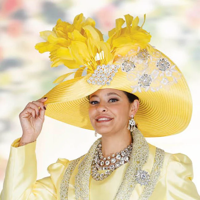 Banana Yellow Wide Brim Church Hat with Feather & Crystal Accents H6214