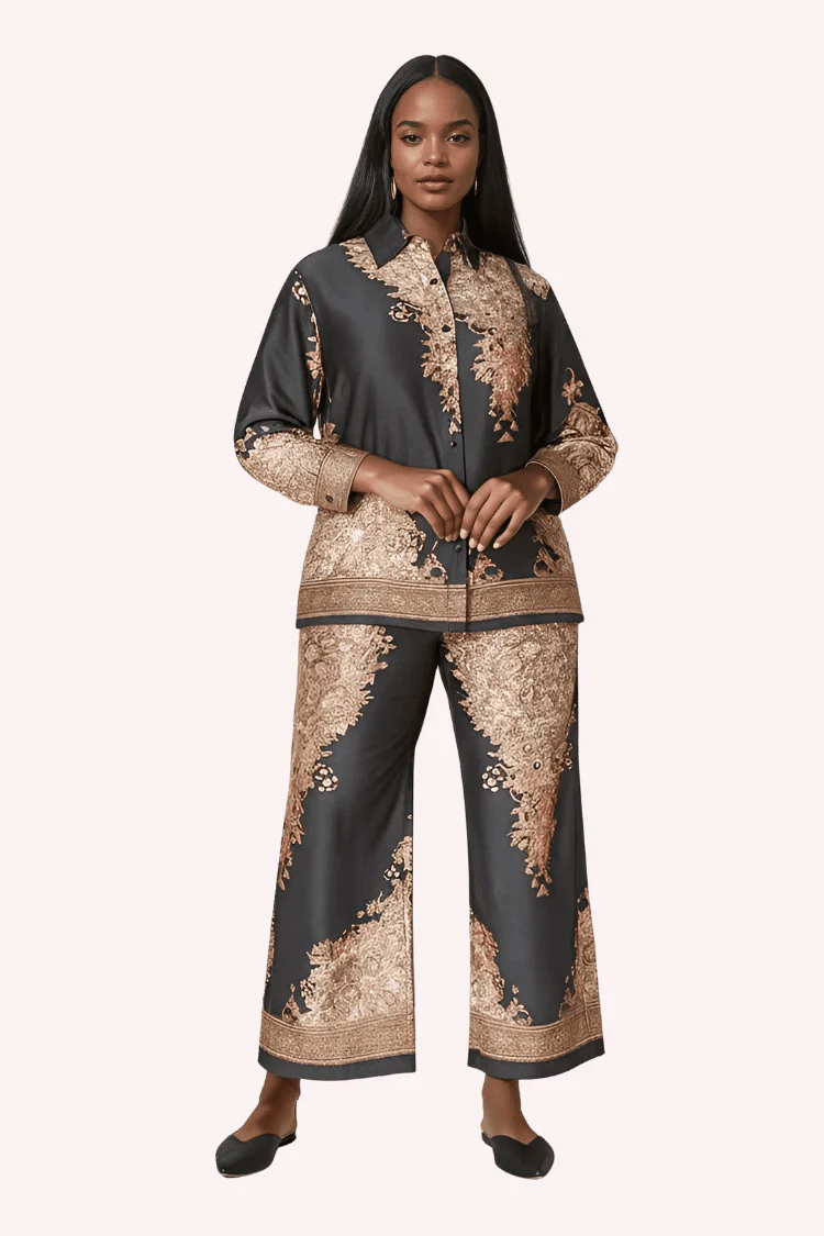 Baroque Print Satin Pant Set -82895 - Image 3