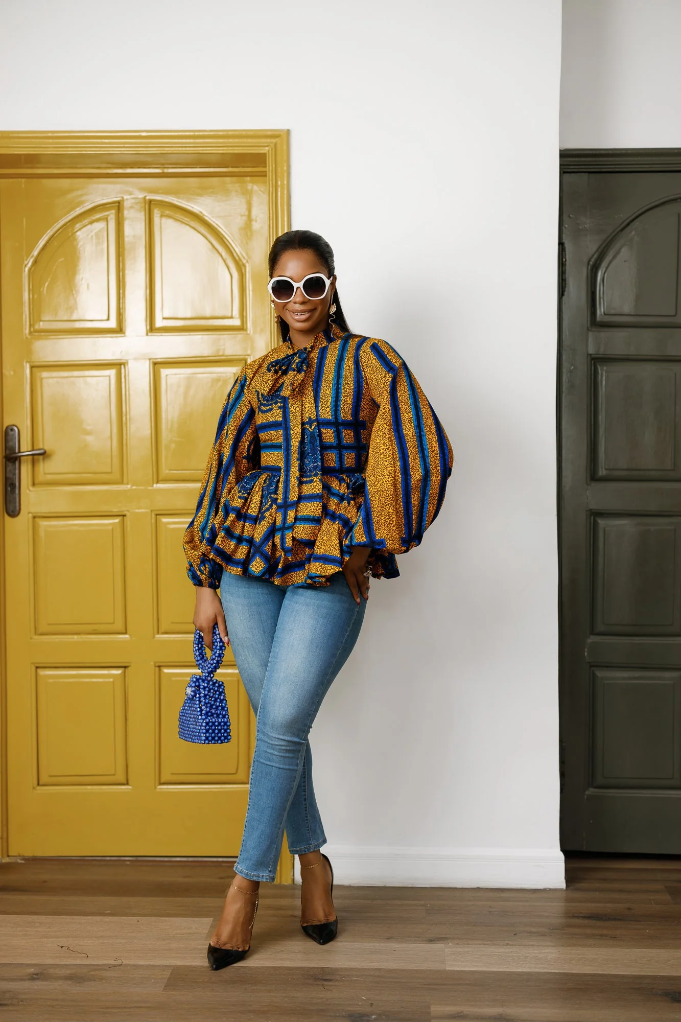 BIBI AFRICAN PRINT TIE NECK PEPLUM TOP [BLUE] - Image 3