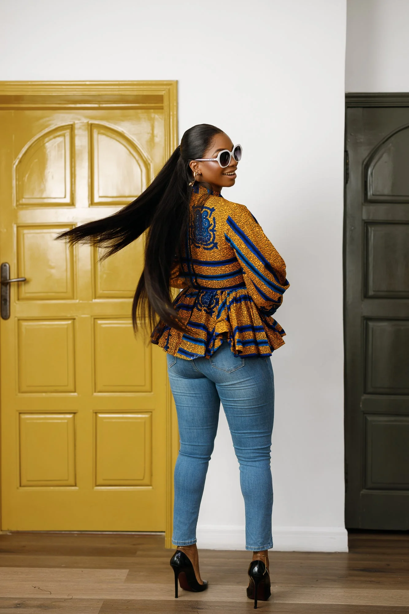 BIBI AFRICAN PRINT TIE NECK PEPLUM TOP [BLUE] - Image 4