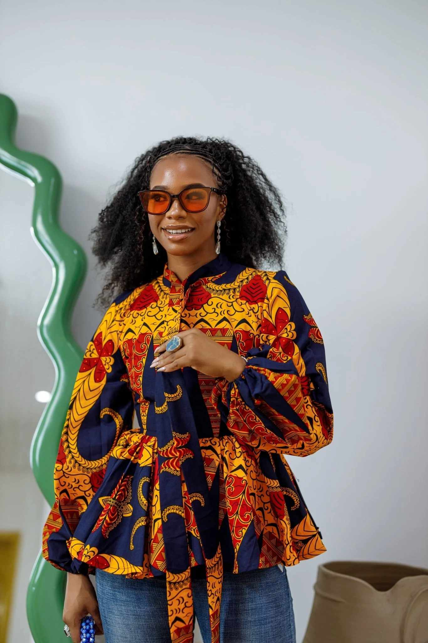 BIBI AFRICAN PRINT TIE NECK PEPLUM TOP [ORANGE] - Image 3
