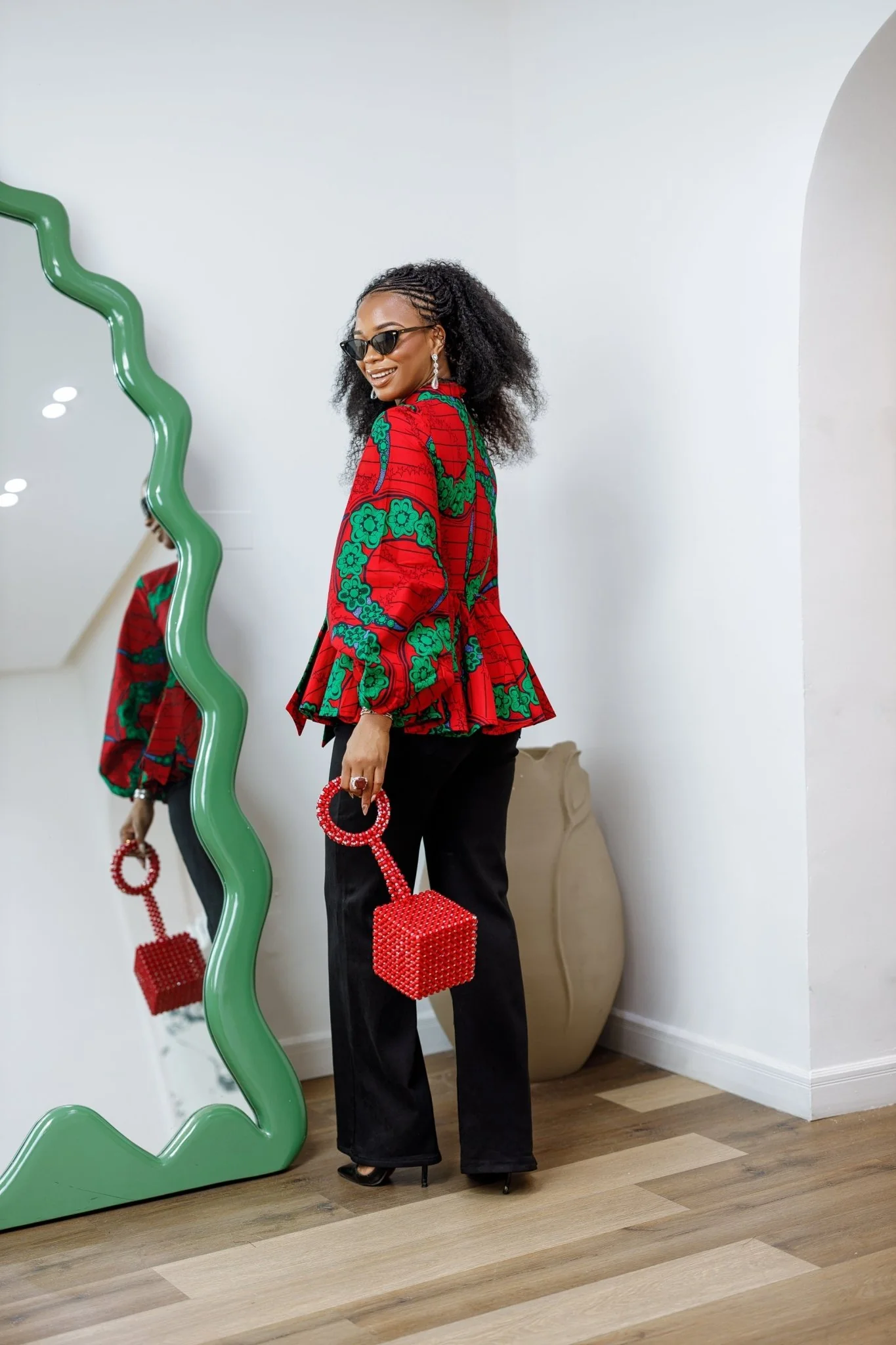 BIBI AFRICAN PRINT TIE NECK PEPLUM TOP [RED] - Image 4