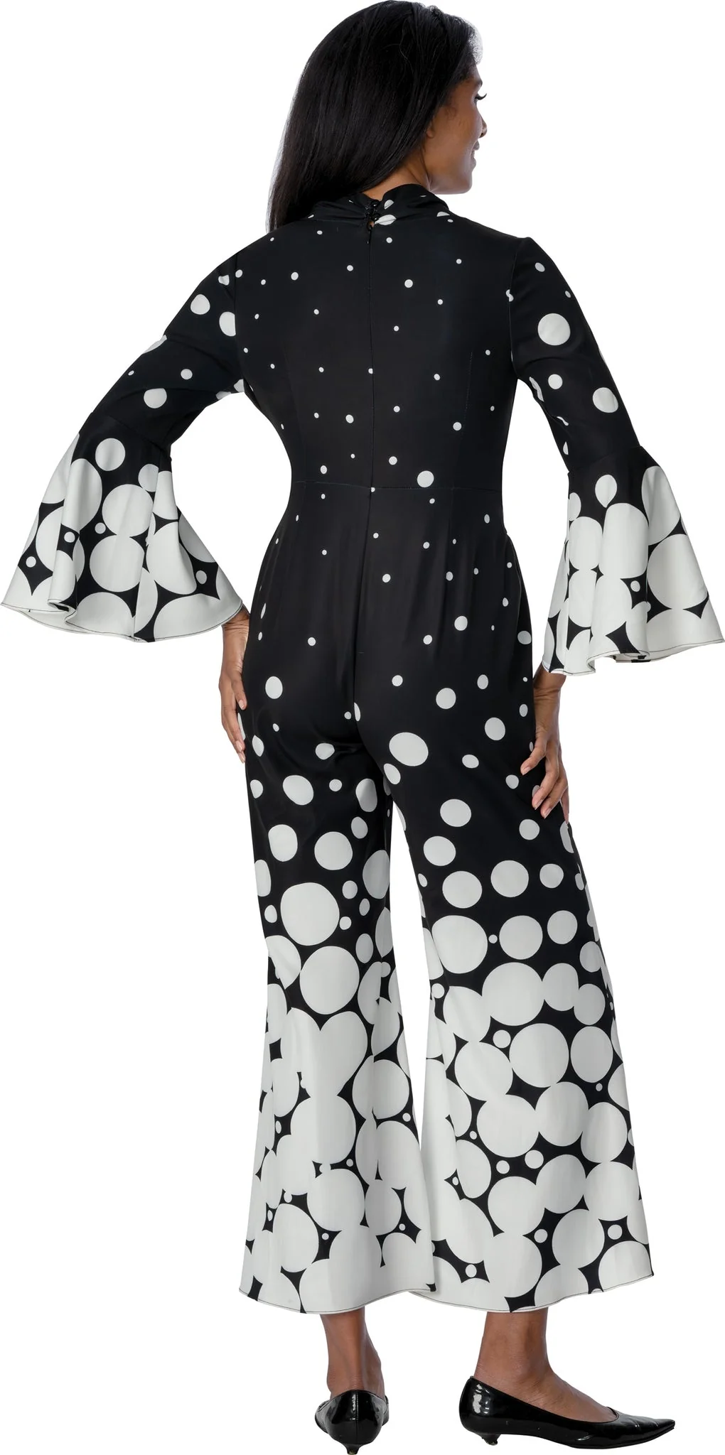 Black & White Polka Dot Wide-Leg Jumpsuit with Bell Sleeves SL601081 - Image 2