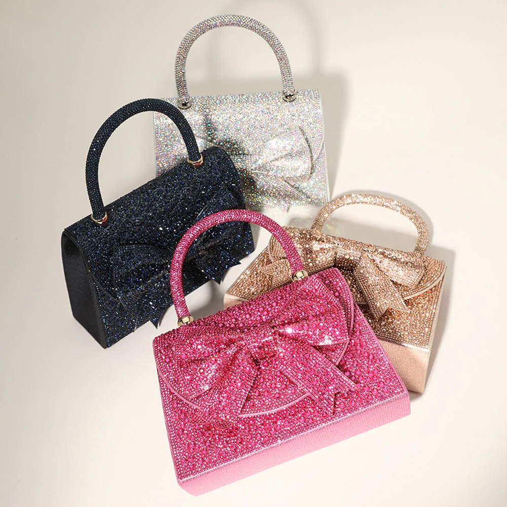 Bling Studded Bow Accented Top Handle Evening Hand Bag / Crossbody Bag - Image 8
