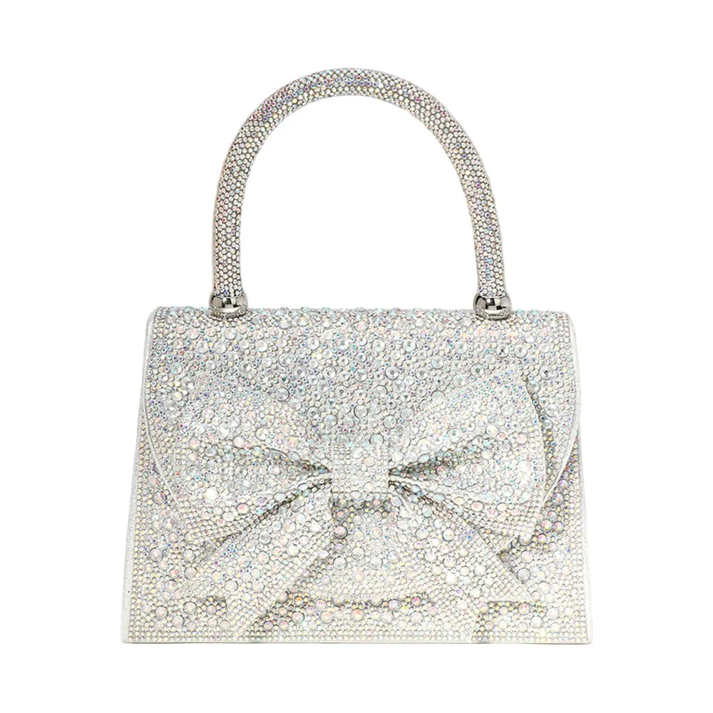 Bling Studded Bow Accented Top Handle Evening Hand Bag / Crossbody Bag