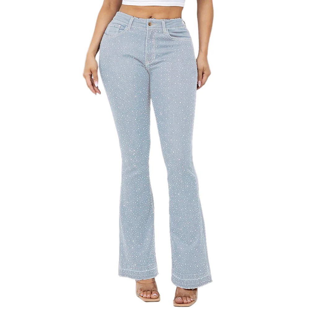 Bling Studded High Waist Skinny Flare Jeans - Image 3