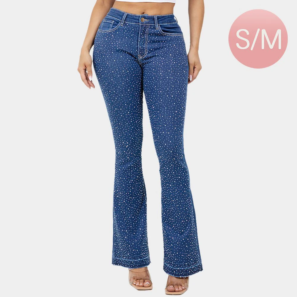 Bling Studded High Waist Skinny Flare Jeans - Image 3