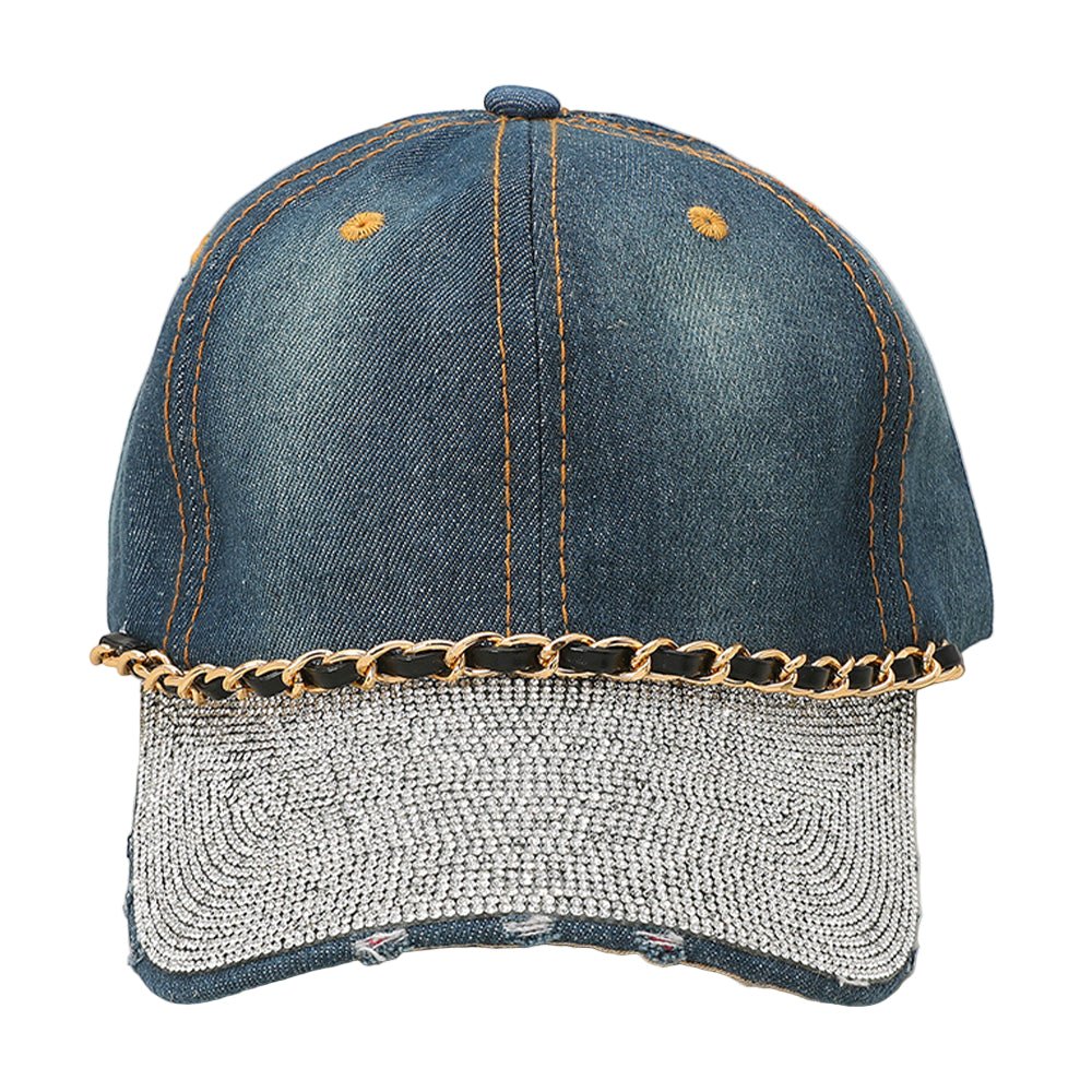 Chain Detail Bling Studded Brim Denim Vintage Baseball Cap