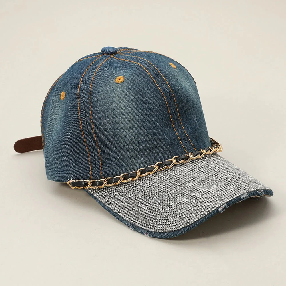 Chain Detail Bling Studded Brim Denim Vintage Baseball Cap - Image 3