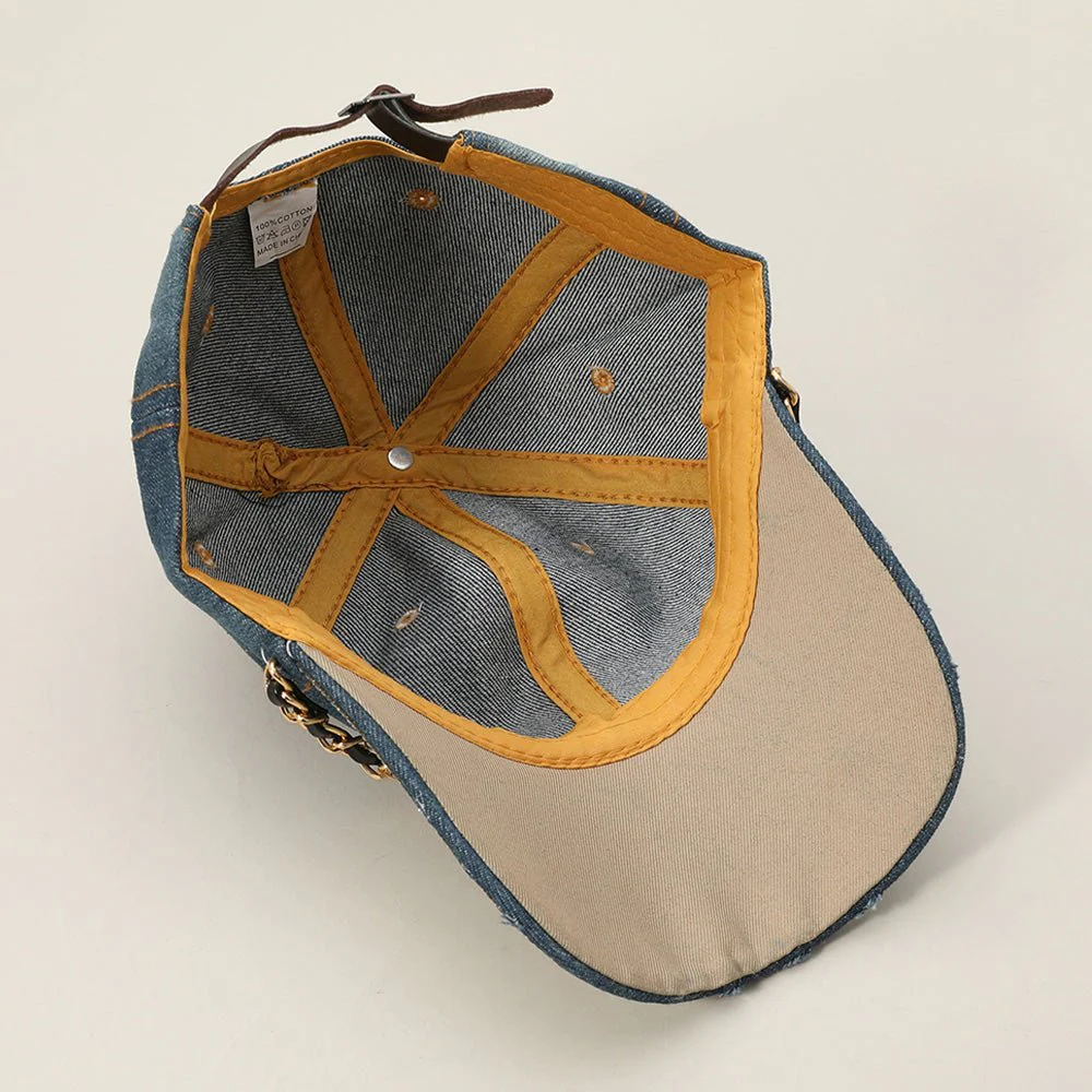 Chain Detail Bling Studded Brim Denim Vintage Baseball Cap - Image 4