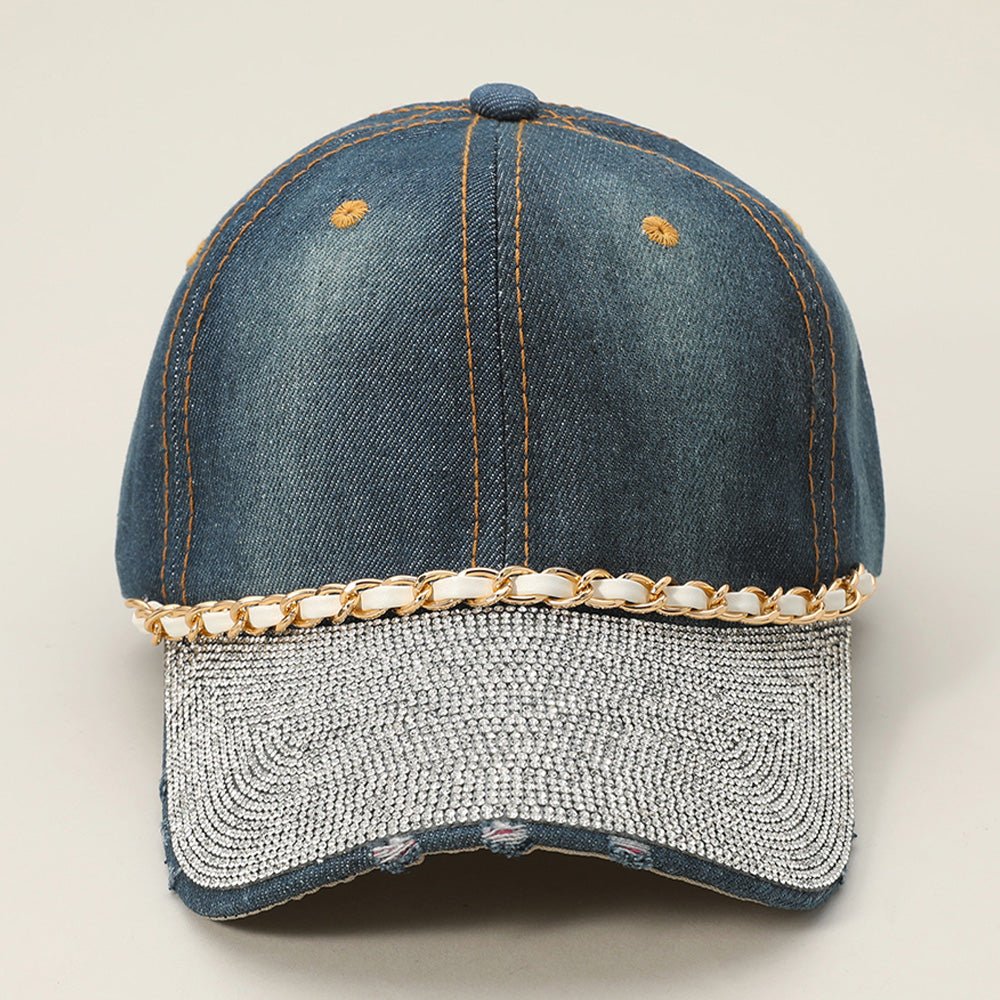 Chain Detail Bling Studded Brim Denim Vintage Baseball Cap - Image 7
