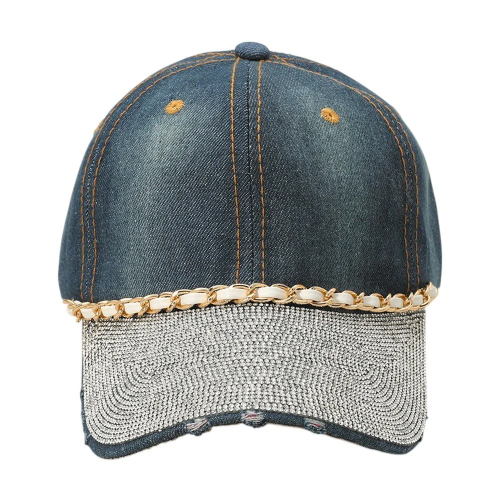Chain Detail Bling Studded Brim Denim Vintage Baseball Cap - Image 8