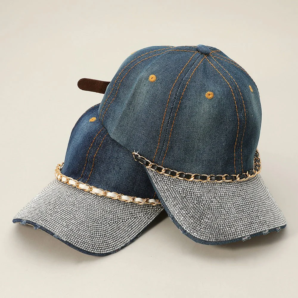 Chain Detail Bling Studded Brim Denim Vintage Baseball Cap - Image 9
