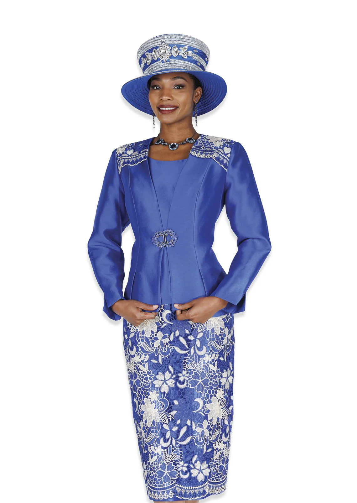 Champagne Italy 5904 Royal 3-Piece Lace Skirt Suit with Peplum Jacket