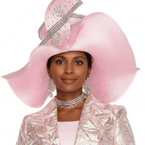 Champagne Italy Dusty Blue Wide Brim Church Hat with Rhinestone Floral Accents H6268 - Image 2