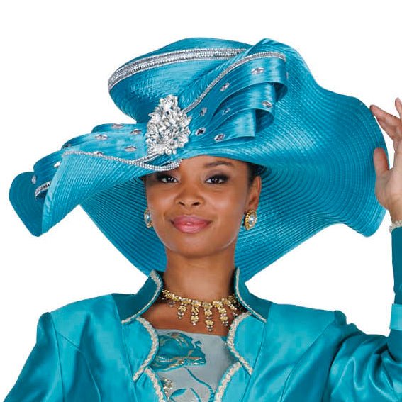 Champagne Italy Elegant Turquoise Wide Brim Church Hat with Rhinestone Brooch