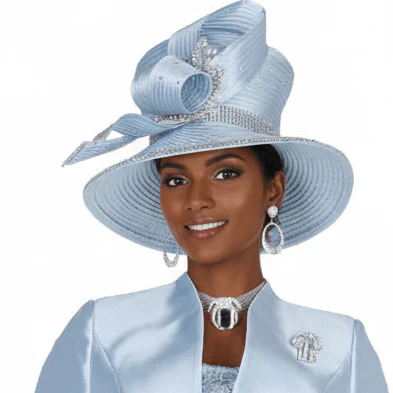 Champagne Italy Sky Blue Bow-Accent Wide Brim Church Hat with Rhinestones H6261