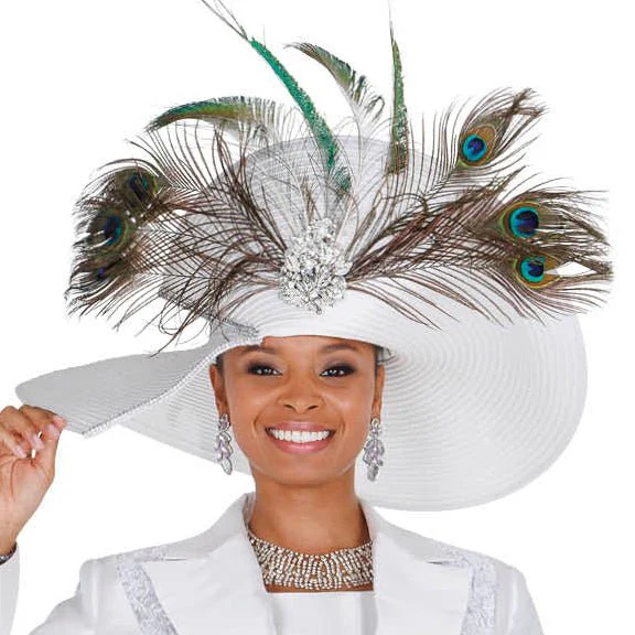 Champagne Italy White Wide-Brim Church Hat with Peacock Feather Accents H6266