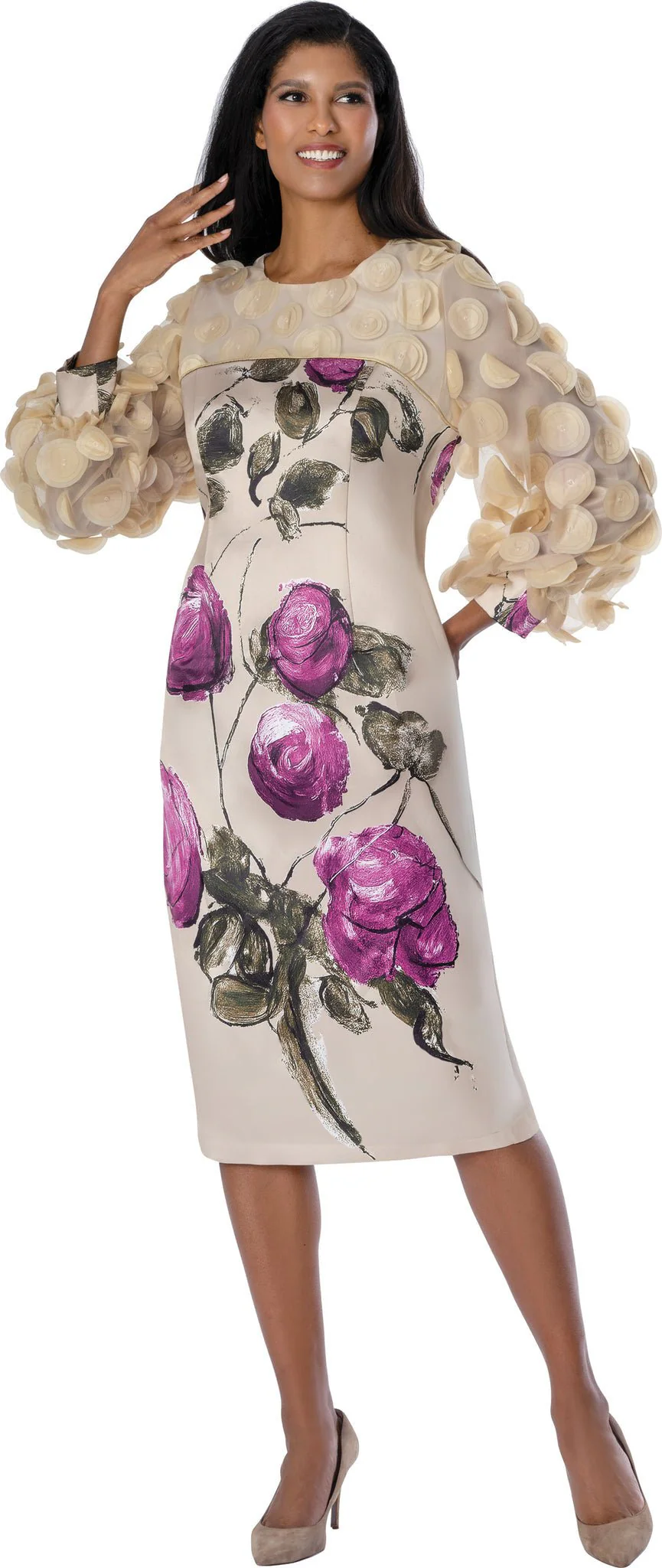 Champagne Rose 3D Rosette Sheath Dress with Petal Puff Sleeves DN100711