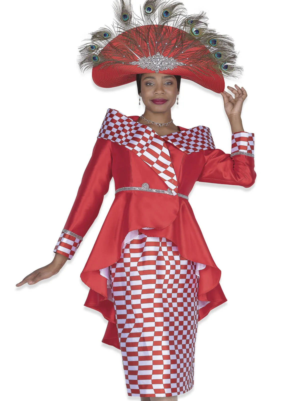 Chic Elite Champagne Red Checkered Skirt Suit with Dazzling Rhinestones 6159-RD