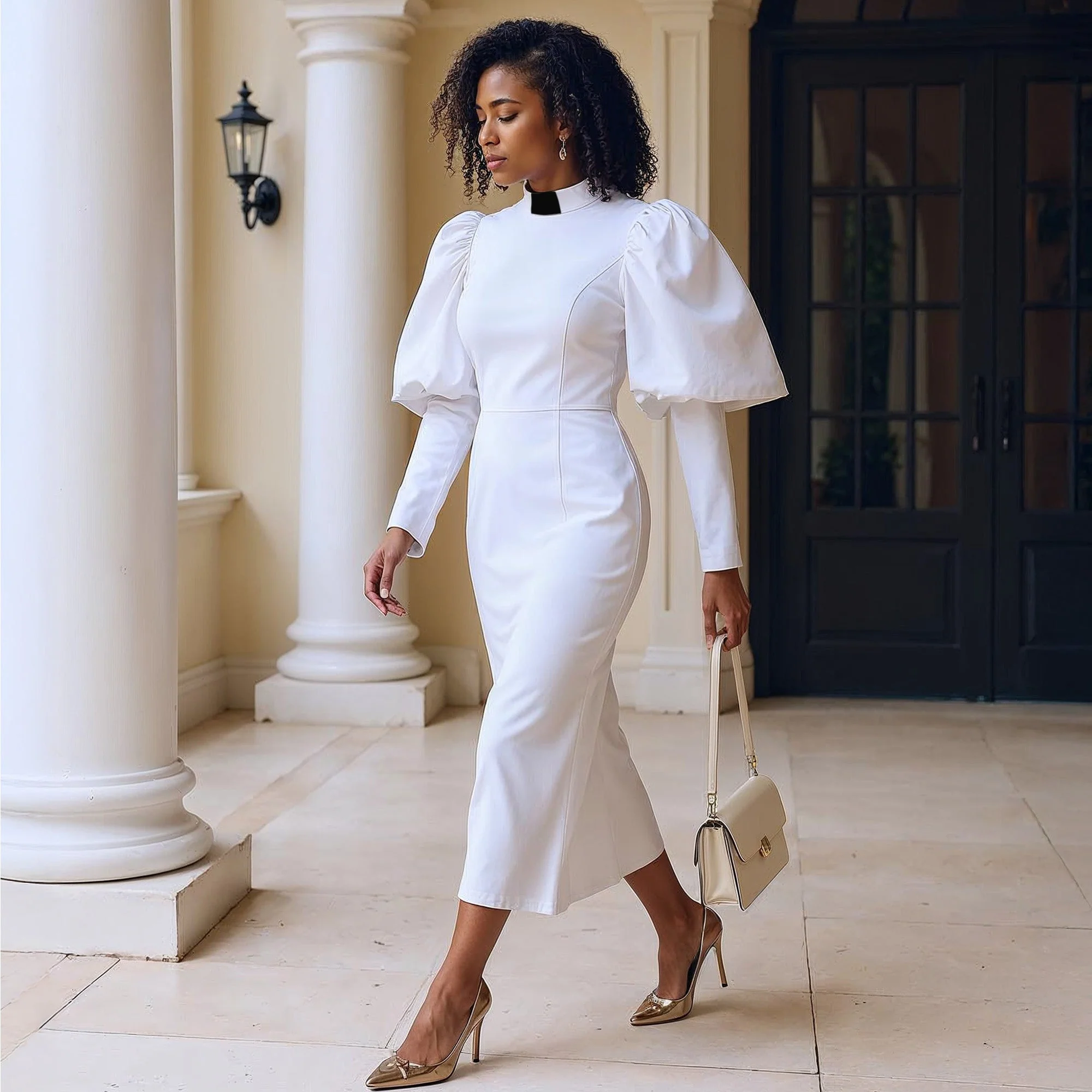 Clergy Dress with Puff Sleeves and Classic Collar- 4813 - Image 6