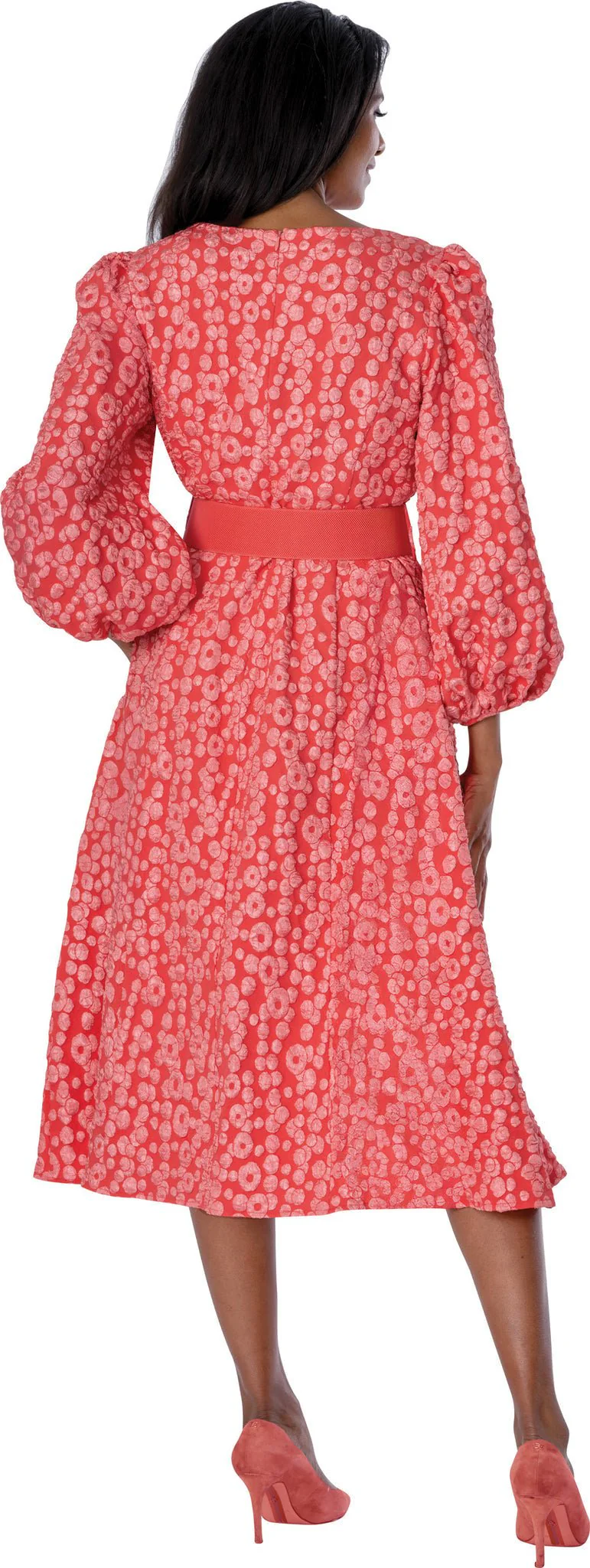 Coral Textured Puff Sleeve Midi Dress with Embellished Gold Buckle Belt - Image 2