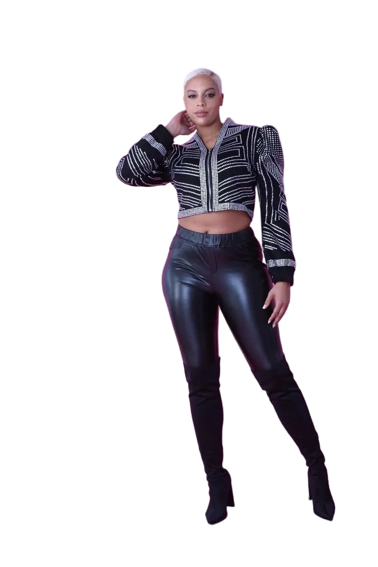 Cropped Jacket with Rhinestone Detailing -82065 - Image 2