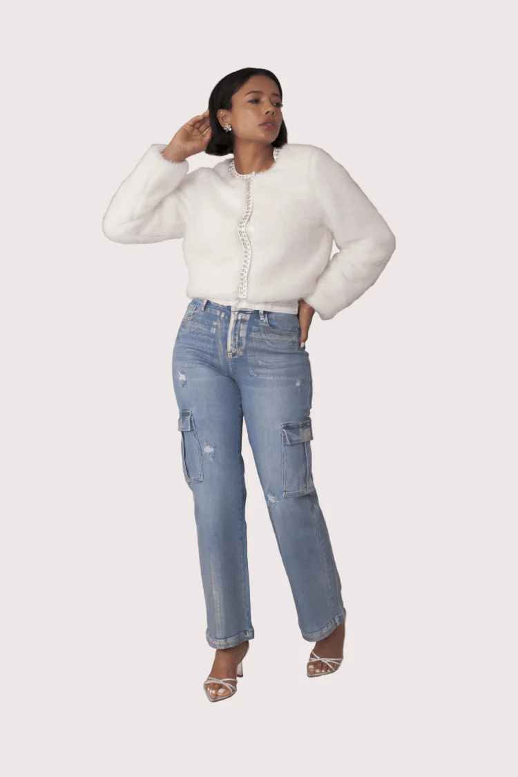 Cropped Rhinestone-Trimmed Fur Jacket -82652 - Image 5