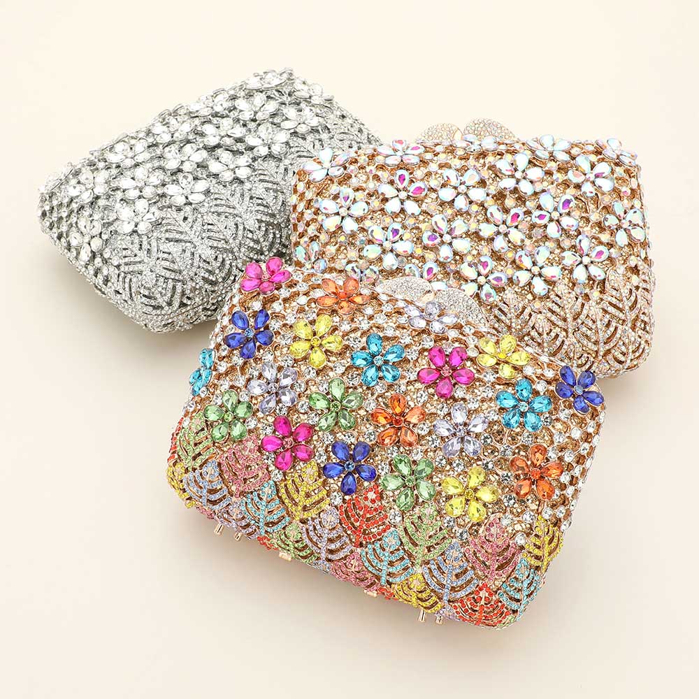 Crystal Rhinestone Embellished Flower Pattern Evening Clutch Shoulder Bag - Image 4