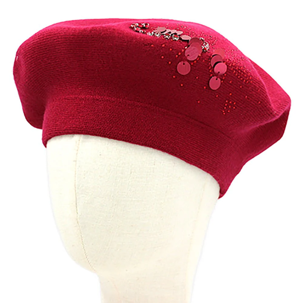 Decorative Sequin Rhinestone Embellished Winter Beret Hat - Image 8