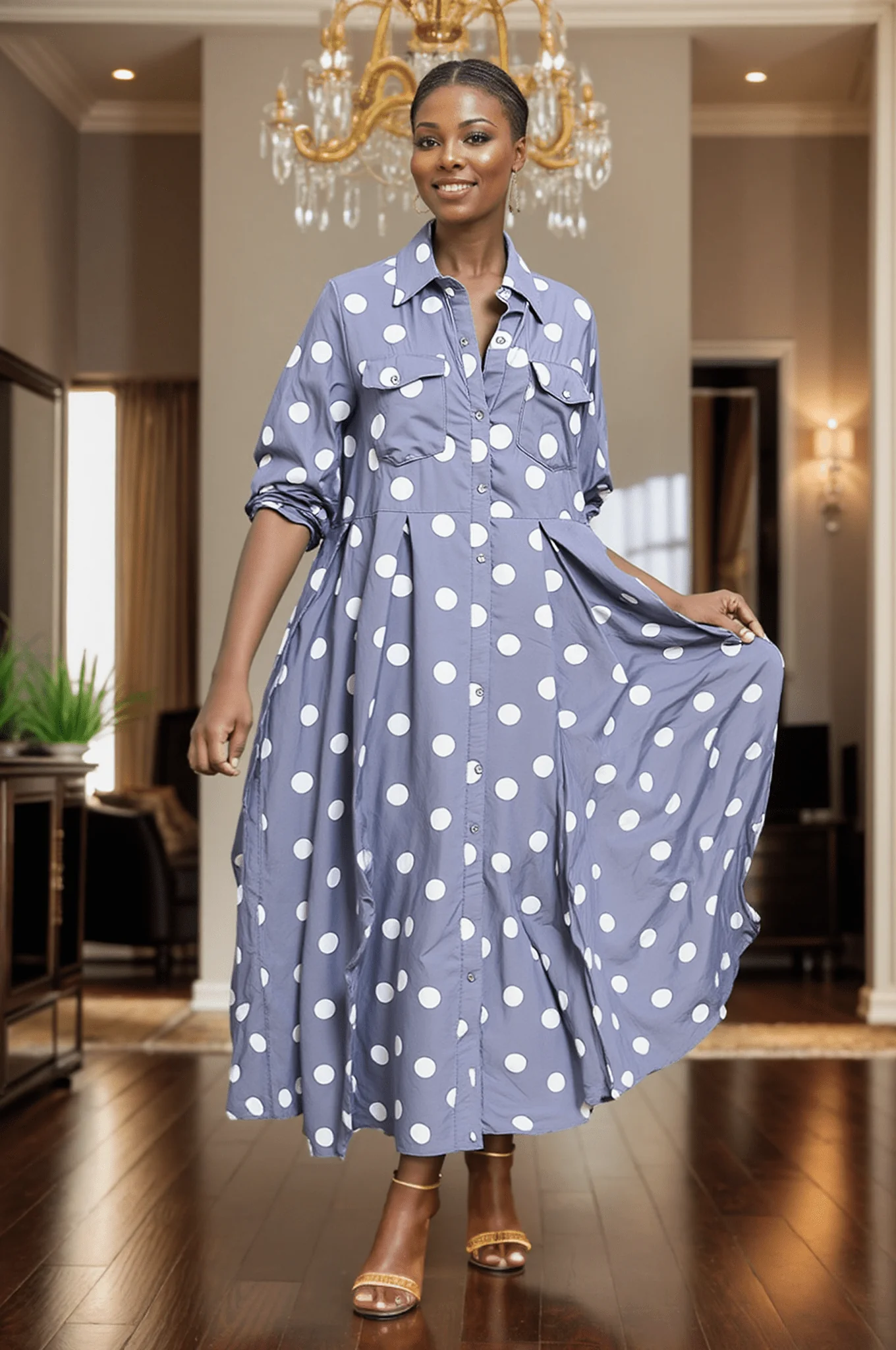Denim Polka Dot Maxi Dress