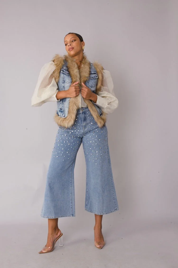 Denim Vest with Faux Fur Trim - 82007