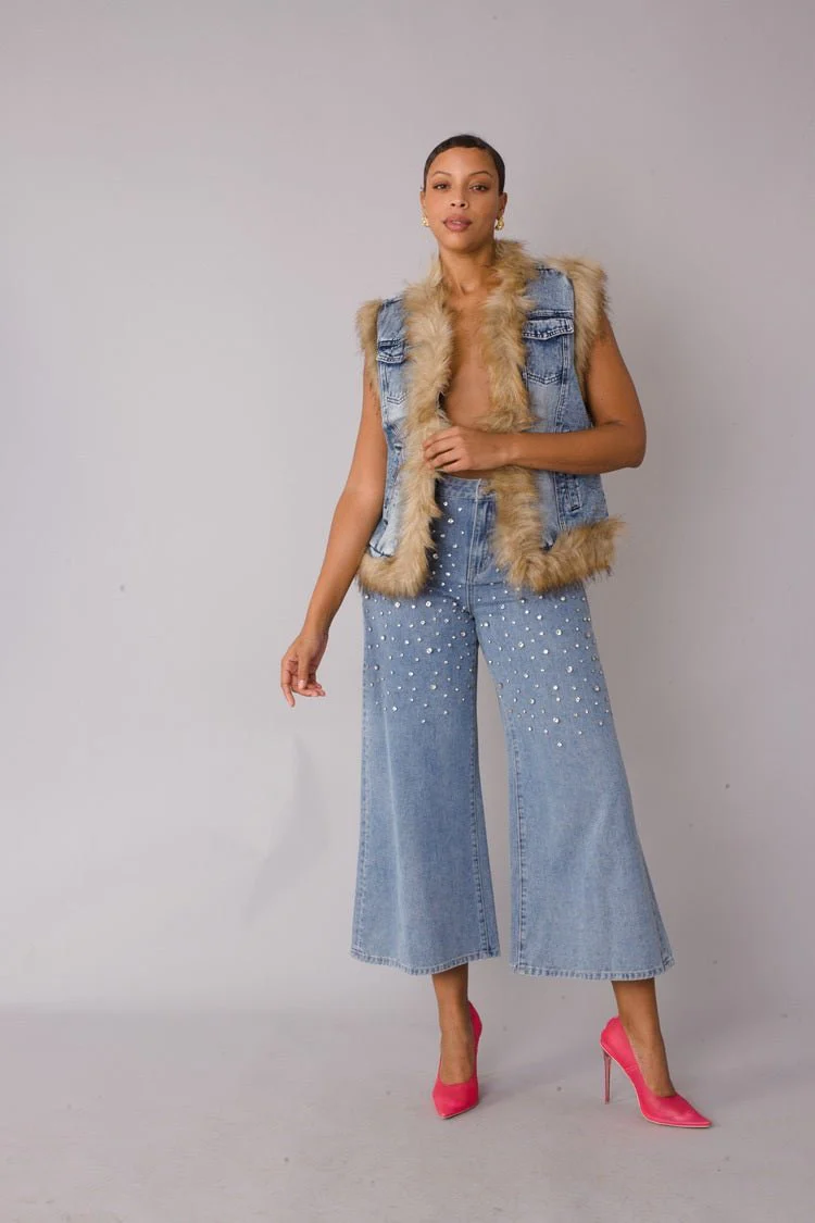 Denim Vest with Faux Fur Trim - 82007 - Image 3