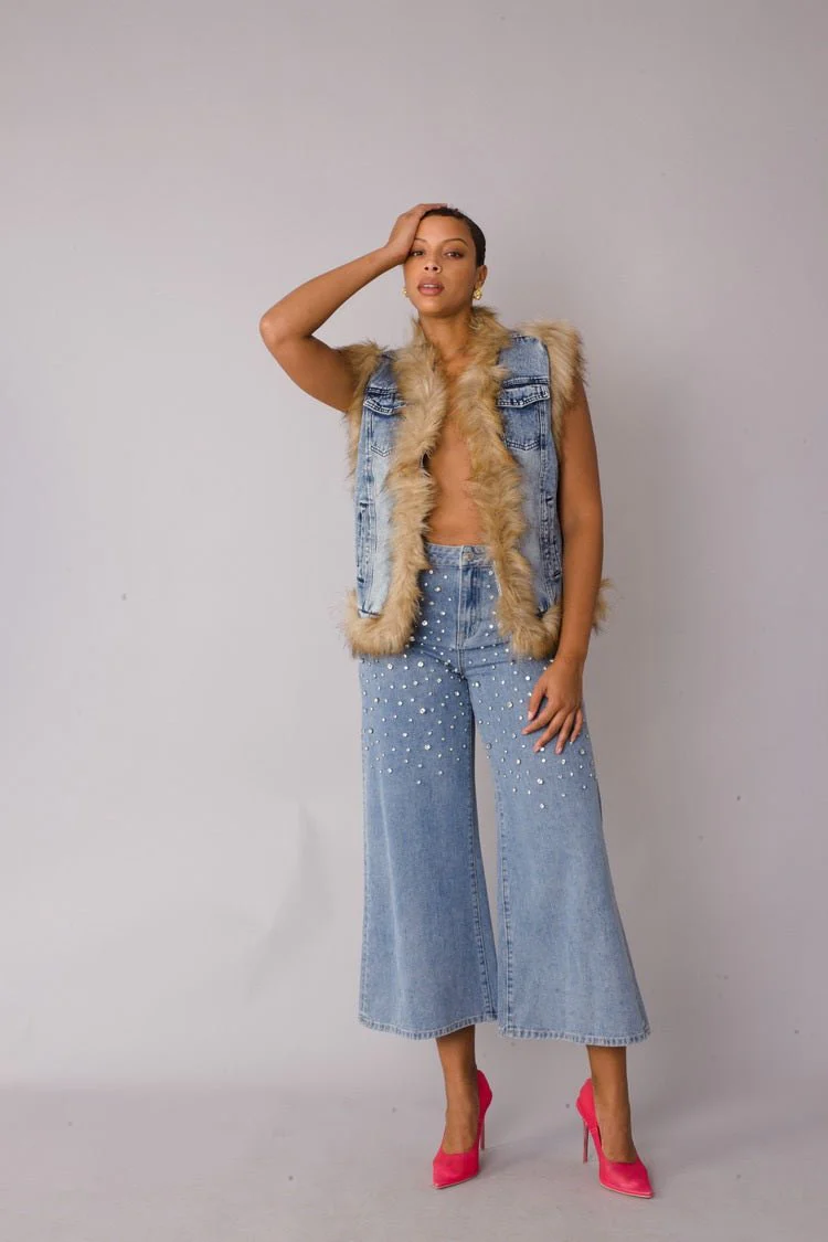 Denim Vest with Faux Fur Trim - 82007 - Image 4