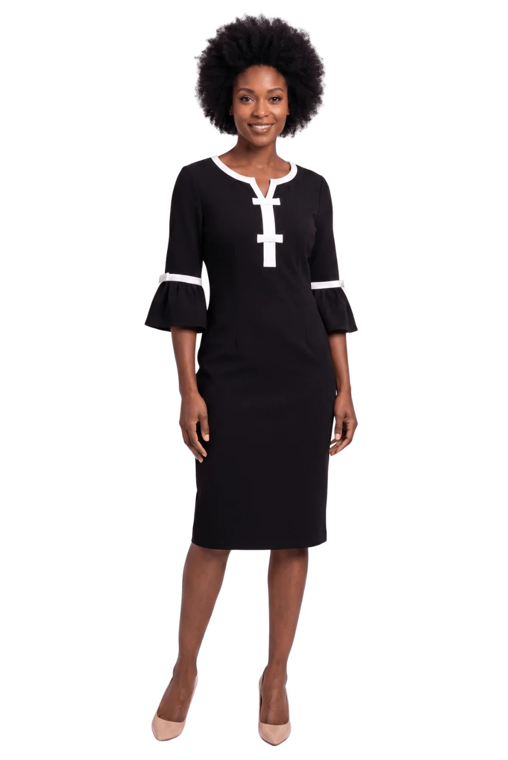 Contrast Trim Bell Sleeve Sheath Dress by Divine Apparel