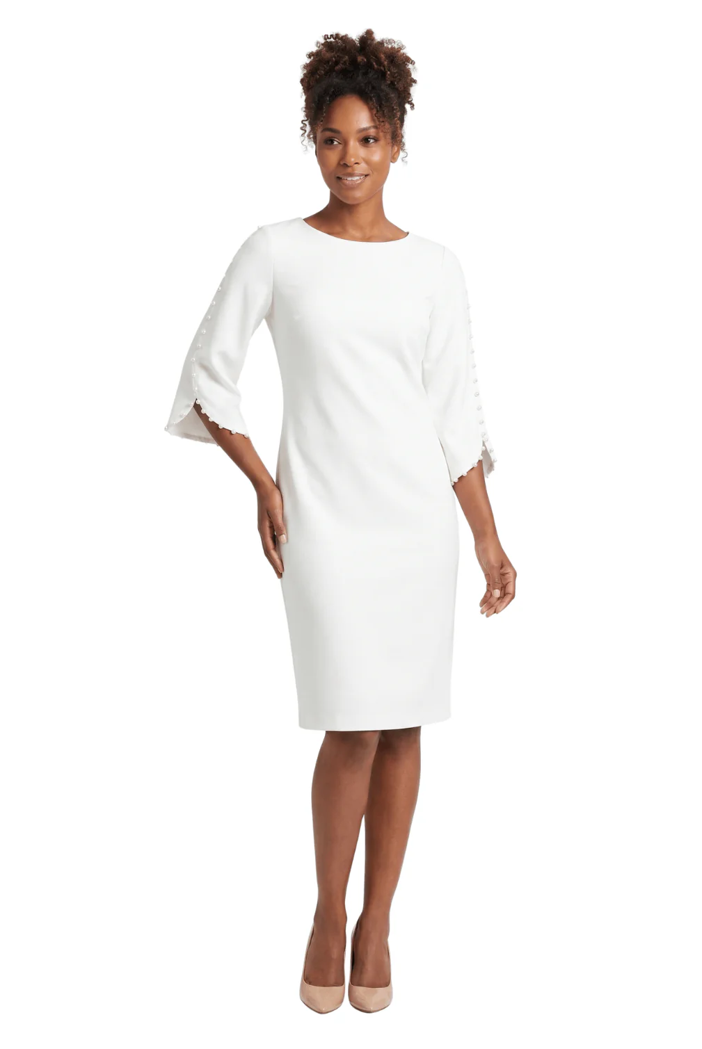Pearl Trim Bell Sleeve Sheath Dress by Divine Apparel