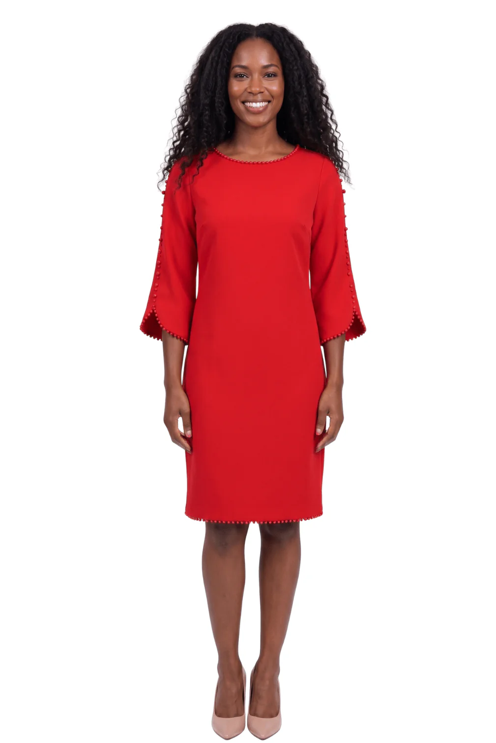 Pearl Trim Bell Sleeve Sheath Dress by Divine Apparel - Image 2
