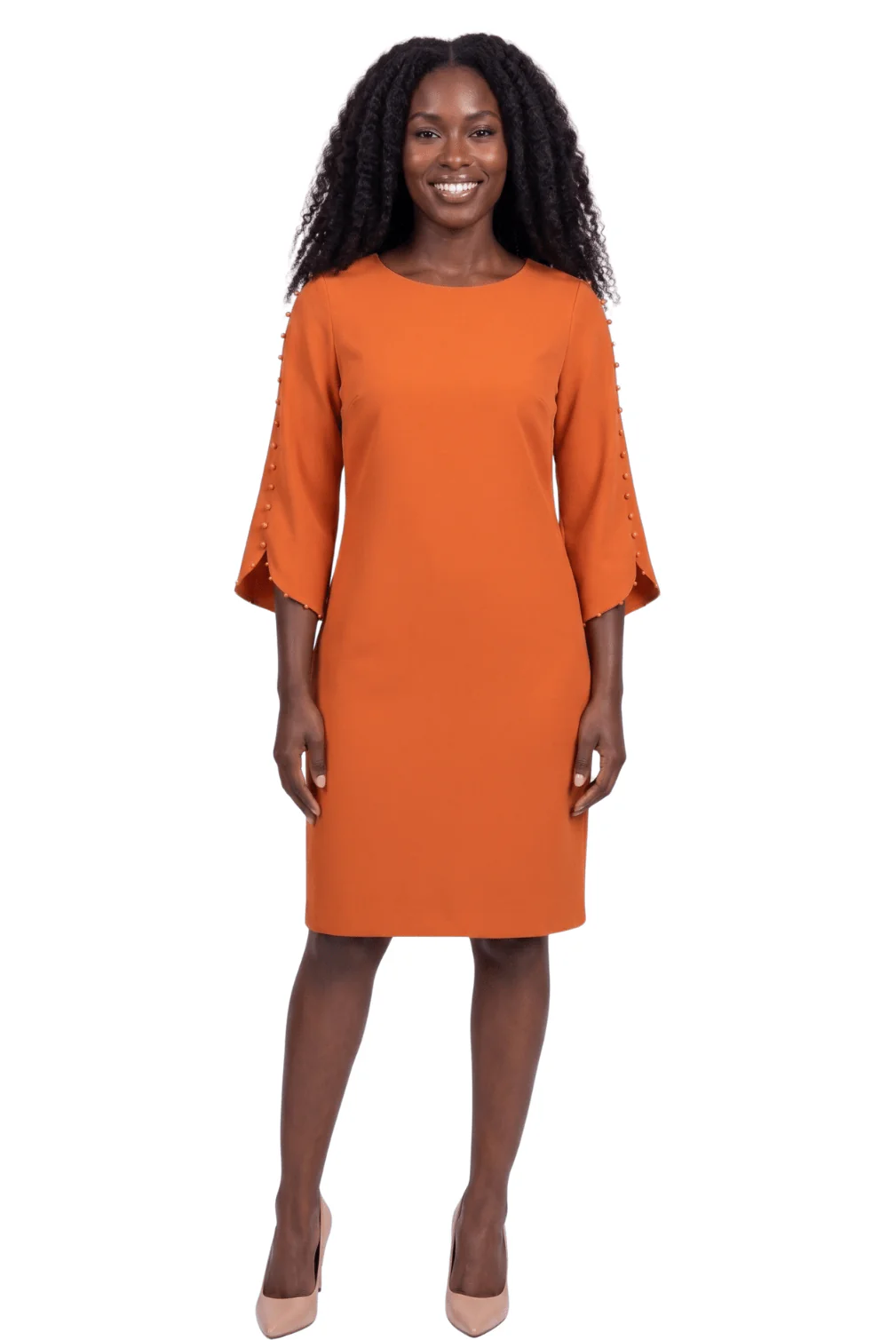 Pearl Trim Bell Sleeve Sheath Dress by Divine Apparel - Image 3